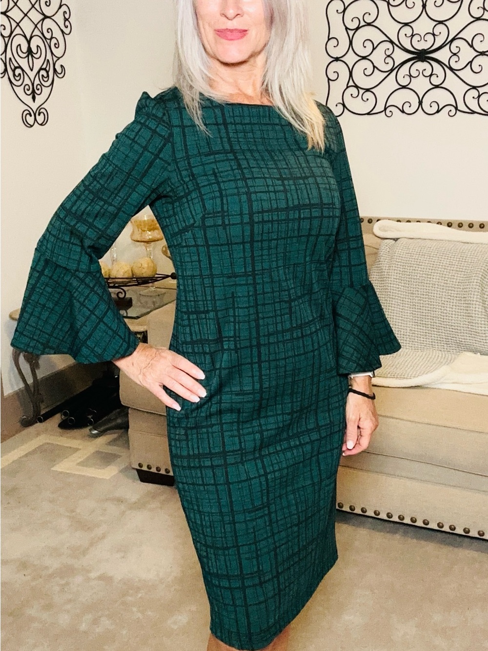 Liz Claiborne Teal Green Plaid Bell-Sleeve Midi Dress